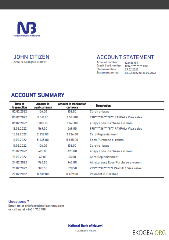 Modèle de relevé bancaire de la Banque nationale du Malawi du Malawi au format Word et PDF